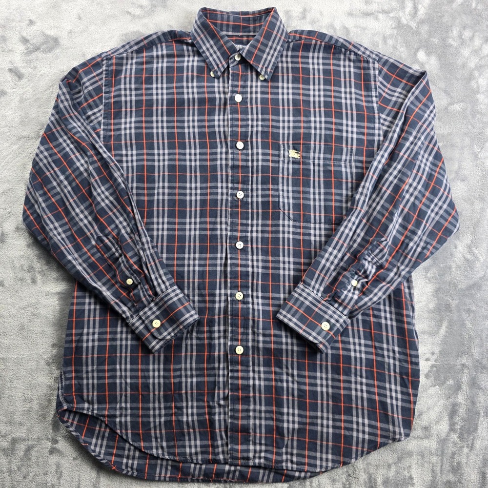 Burberry London Button Down Shirt Mens S Navy Blue Orange Plaid Long Sleeve Logo